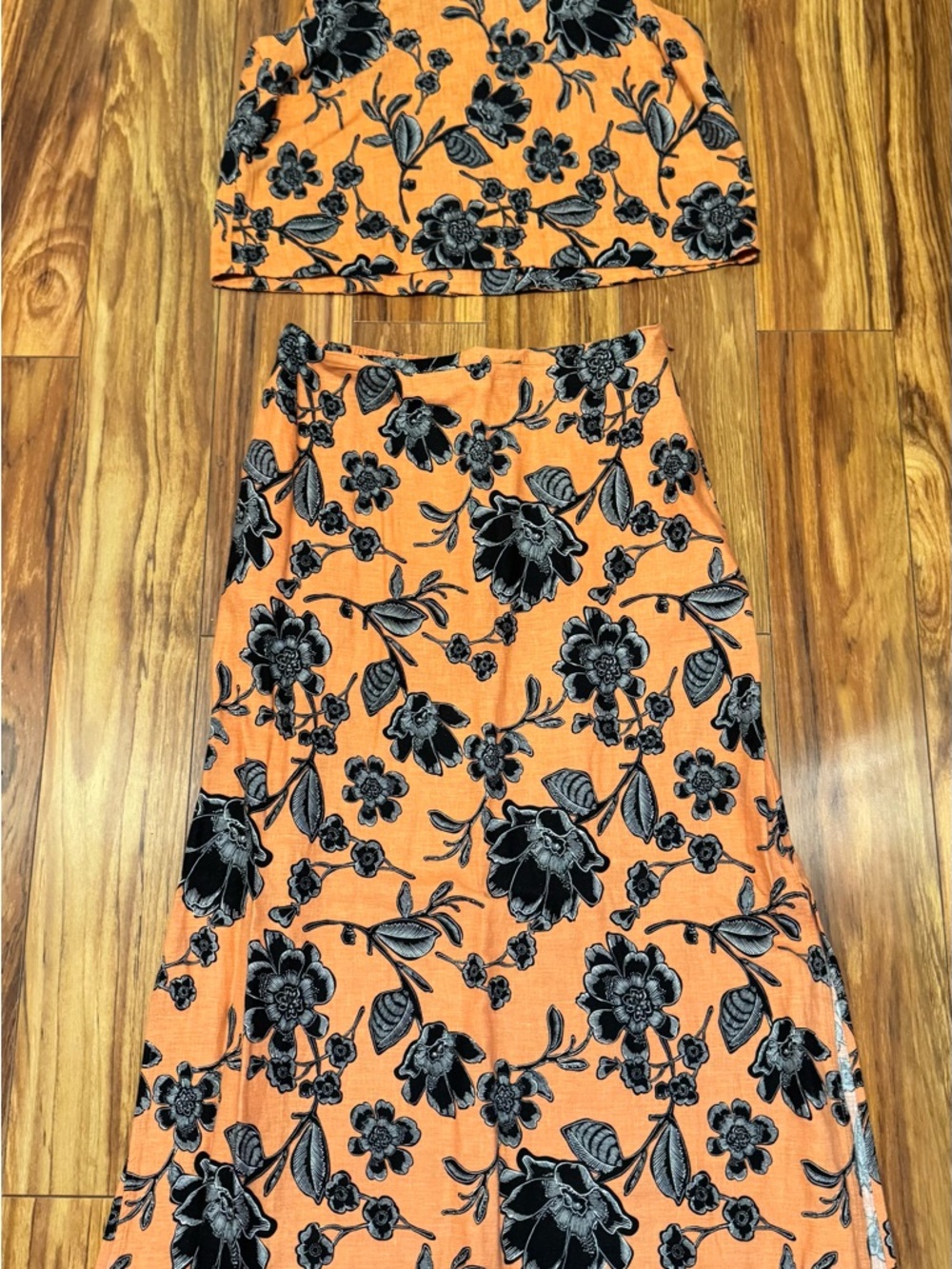 a.n.a Orange Maxi Skirt and Top with Black Floral Print